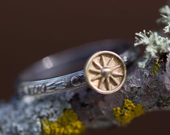 Sun Ring * Starburst * Solid Sterling Silver Stacking Ring* Golden Bronze Medallion* Any Size