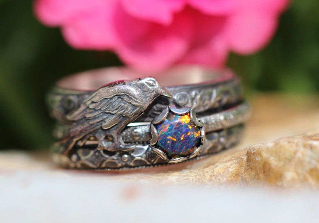 Dual Raven Rings Raven Ring Set * Solid Sterling Silver* Kyocera Opal* Nevermore ...