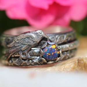 Raven Ring * The RAVEN Ring Stack * Kyocera Opal *Three Solid Sterling Rings *  Badb * Patterned Rings * NEVERMORE Morrigan  Any Size