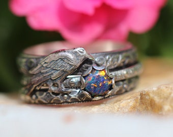 Raven Ring Set * Solid Sterling Silver*  Kyocera Opal*  Nevermore * Morrigan * Any Size