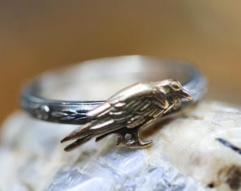 Raven Ring* Solid Sterling Silver* Stacker* Golden Bronze Raven * Nevermore* Poe* Any Size