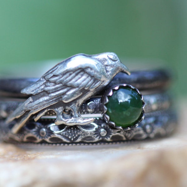 Raven Ring* Green Jade * Solid Sterling Silver * NEVERMORE * Morrigan *  Any Size