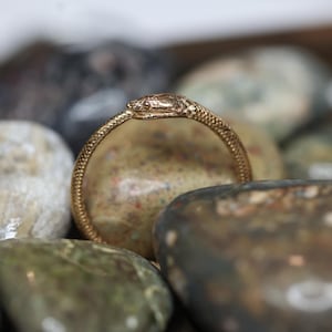 May include: A gold-colored ring in the shape of a snake, with the head of the snake at the top of the ring. The ring is resting on a collection of smooth, colorful stones. The ring has a textured pattern.