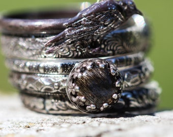 The RAVEN Stack of FiVe Solid Sterling Badb black mOOnstone Patterned Rings NEVERMORE Morrigan  NEW MooN Any Size