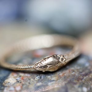 May include: A gold-colored ring in the shape of a snake, resting on a stone surface. The snake's head is detailed with textured scales and a defined eye. The ring's body curves around, creating a complete circle.