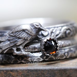 Raven Ring * Solid Sterling Silver * Fire Citrine* Samhain Stacking Set * Witchy Jewelry * Any Size
