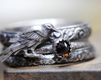 Raven Ring * Solid Sterling Silver * Fire Citrine* Samhain Stacking Set * Witchy Jewelry * Any Size