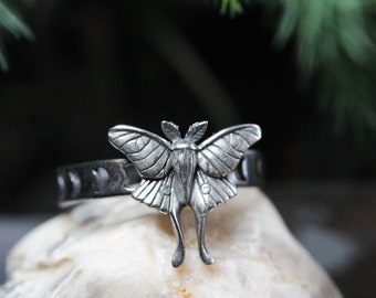 Luna Moth Ring * Solid Sterling Silver * Crescent Band * Ibu * The Divine Feminine * Transformation* Good Fortune Symbol * Any Size