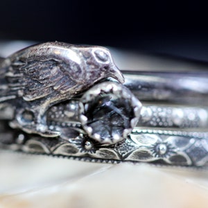 Raven Ring * Solid Sterling Silver * Rutilated Quartz * Stacking Ring Set of 3 * NEVERMORE * Morrigan  * Witchy Jewelry Any Size