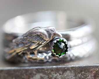 The RAVEN Stack Russian Chrome DIOPSIDE Three Solid Sterling Badb Patterned Rings NEVERMORE Morrigan  Any Size