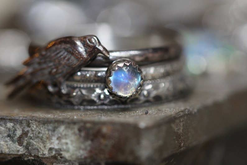 The RAVEN Stack Rainbow or BLACK Moonstone Three Solid Sterling Badb Patterned Rings NEVERMORE Morrigan Any Size image 2