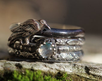 Raven Ring, Solid Sterling Silver, Moonstone Ring * 4 Rings *  Stacking Ring Set, Rainbow *or* Black Moonstone, Witchy Jewelry  Any Size