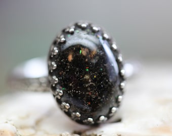 Witchy Jewelry * Graveyard Dirt and Black Opal Ring * Solid Sterling silver *Full Moon Floral Band * in ANY size