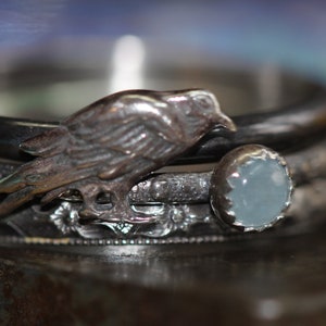 May include: A silver ring set with a blue gemstone and a raven design.