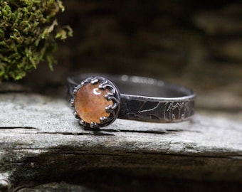 Pumpkin Ring * Sunstone * Solid Sterling Silver * Leaves Band* Autumn Jewelry * Any Size