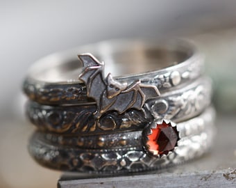 Bat Ring * Vampire Ring* Stack of Four  * Solid Sterling Silver * Genuine Garnet*   Any Size