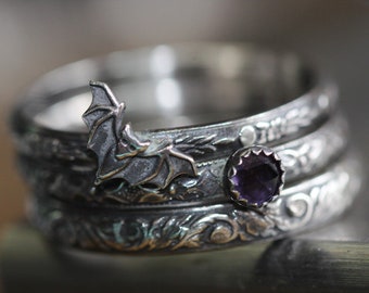 Vampire Bat Ring* Stacking Rings * Solid Sterling Silver *Set of 3*   Amethyst  * Any Size