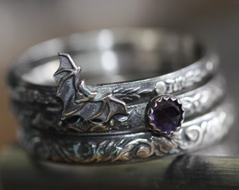 Bat Ring * Vampire Bat Stacking Ring Set * Solid Sterling Silver * You Crazy Bat* Genuine AMETHYST *   Any Size