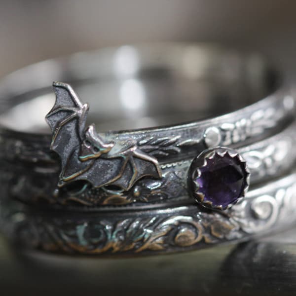 Bat Ring * Vampire Bat Stacking Ring Set * Solid Sterling Silver * You Crazy Bat* Genuine AMETHYST *   Any Size