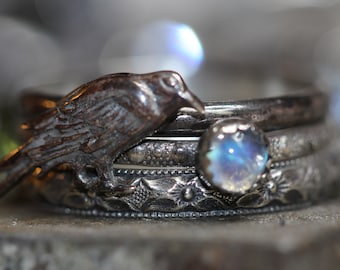 The RAVEN Stack Rainbow *or* BLACK Moonstone Three Solid Sterling Badb Patterned Rings NEVERMORE Morrigan  Any Size