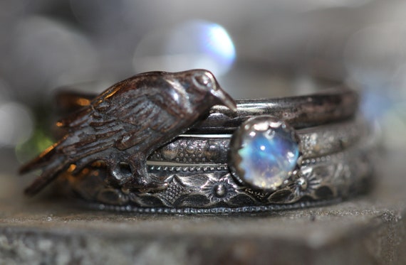 The RAVEN Ring Stack * Moonstone * 3 Stacking Rings *Badb* Nevermore* Solid Sterling  * Any Size