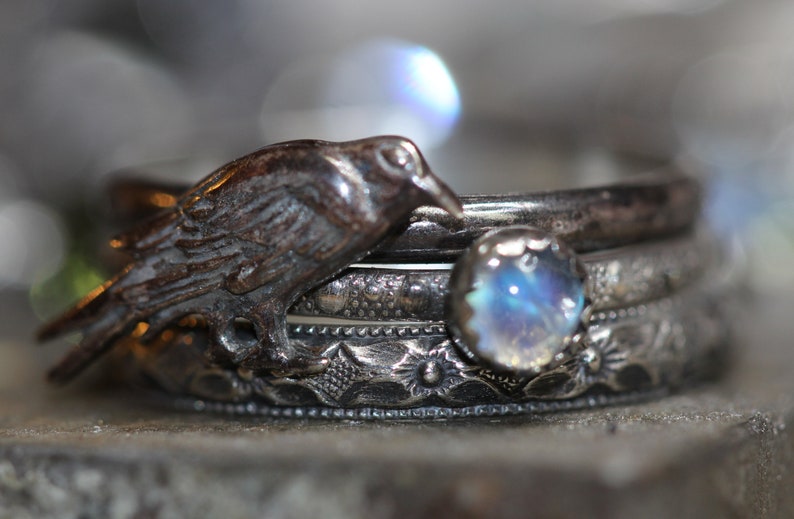 The RAVEN Stack Rainbow or BLACK Moonstone Three Solid Sterling Badb Patterned Rings NEVERMORE Morrigan Any Size image 1