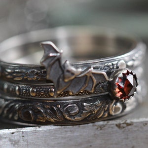 Bat Ring * Vampire Ring Set * Solid Sterling Silver *Set of 3 *  Genuine GARNET*  * Witchy Jewelry * Any Size