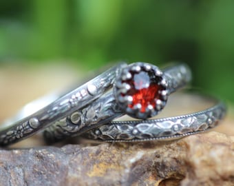 Garnet Ring Set* Solid Sterling Silver Stacking Rings* January Birthstone *  Any Size