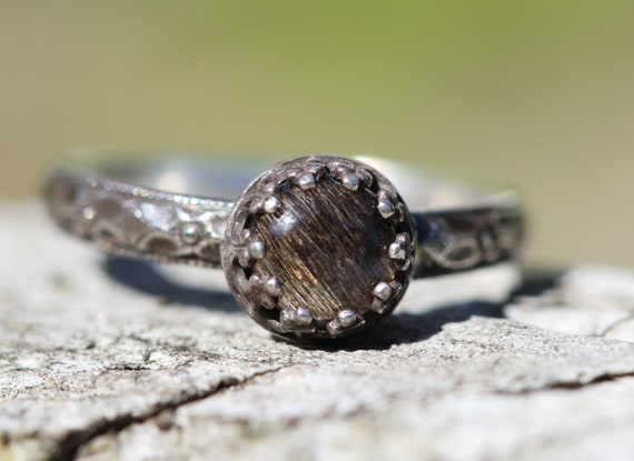 Black Moonstone and Silver Hammered Stacking Ring – Black Sand Designs