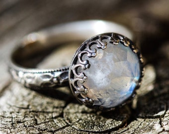 Moonstone Ring * Solid Sterling Silver * Floral Band * 10mm ring  * Rainbow Moonstone * Any Size *