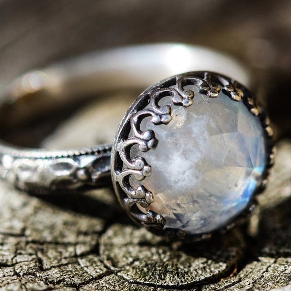 Moonstone Ring * Solid Sterling Silver * Floral Band * 10mm ring  * Rainbow Moonstone * Any Size *