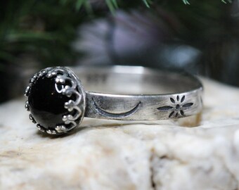 Black Onyx Ring * Sterling Silver Ring * Crescent Floral Band  * Raven Eye * Any Size