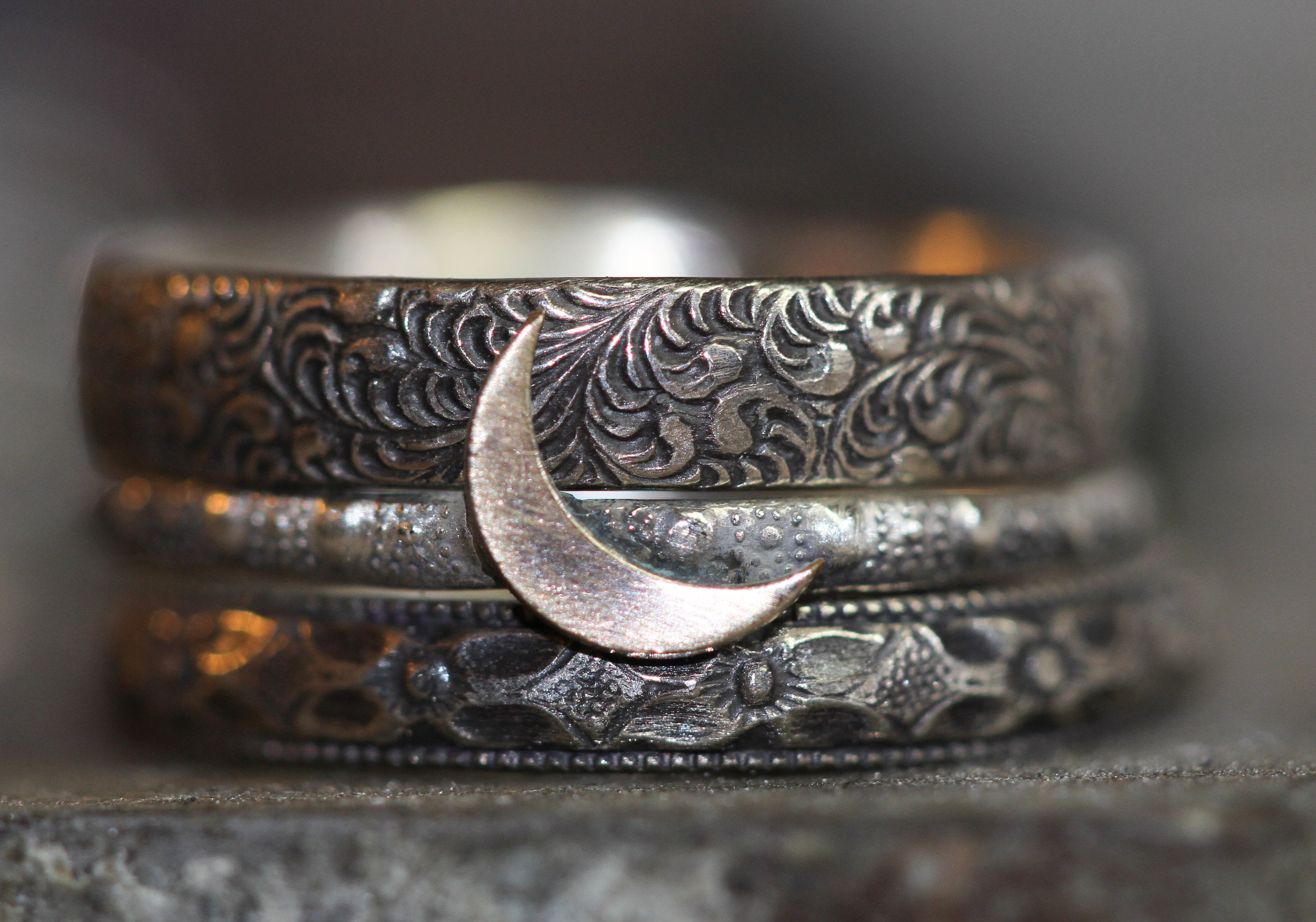 Crescent Moon Ring Set* Solid Sterling Silver * Stacking Rings  Antiqued Stacking Rings* Any Size