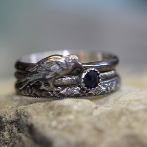Raven Ring * Stacking Rings *  Sapphire rings set 3 *Solid Sterling Silver* Badb *  NEVERMORE * Morrigan  * Any Size