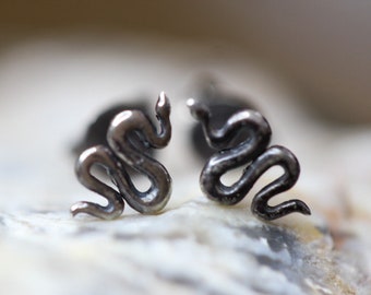 Snake Earrings, Solid Sterling Silver, Ouroboros * Sneaky Snake * 9x5mm * Antiqued or Shiny Finish