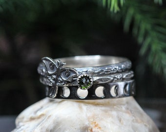 Luna Moth Ring Set * Solid Sterling Silver *Chrome Diopside* Crescent Band *Ibu*The Divine Feminine * Transformation* Good Fortune* Any Size