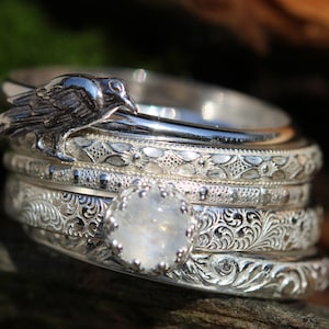 Raven RIng * Solid Sterling Silver * Witchy Jewelry *  Badb * Rainbow Moonstone * NEVERMORE * Morrigan * Any Size