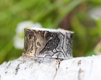 Raven Ring * Solid Sterling Silver * Thumb Ring * * 1/2 inch Wide * Morrigan * Witchy Jewelry * Any Size