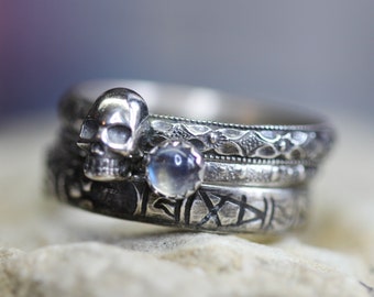Skull Ring Set *  Sterling Silver Stacking Rings* Rainbow Moonstone* Samhain Jewelry* Any Size