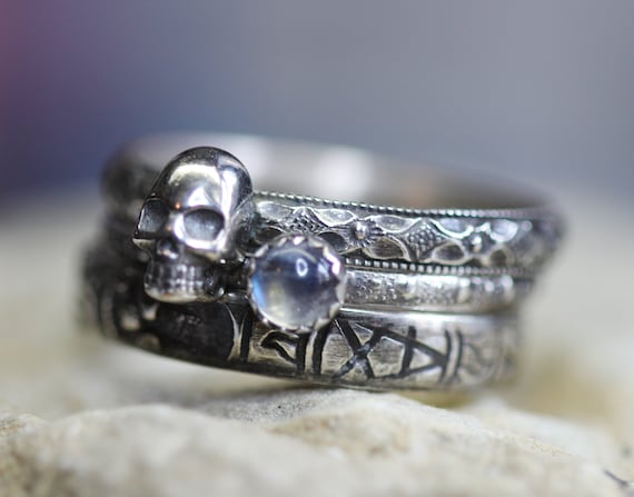 Skull Ring Set *  Sterling Silver Stacking Rings* Rainbow Moonstone* Samhain Jewelry* Any Size