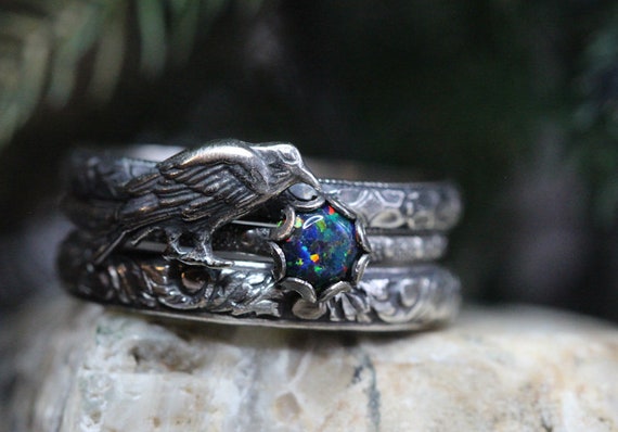 Raven Ring Set * Nevermore * Kyocera Black Opal * Solid Sterling Silver * Any size