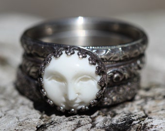 Moon Ring * Sleepy or Awake Face* La Luna * Set of 3 Rings * Any Size