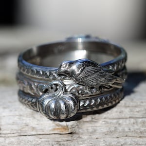 May include: A silver-toned metal ring featuring a sculpted bird and a pumpkin motif. The band has a textured, patterned surface with intricate detailing on the bird and the pumpkin, creating a layered appearance with a metallic finish.