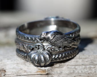 Raven Ring * Poe Inspired * Halloween Sterling Stacking Silver Set of 3 * Any Size