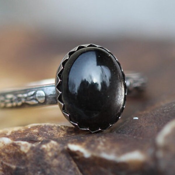 Black Moonstone Ring, Solid Sterling Silver Ring,  8x10mm, Gift For Her, Any Size