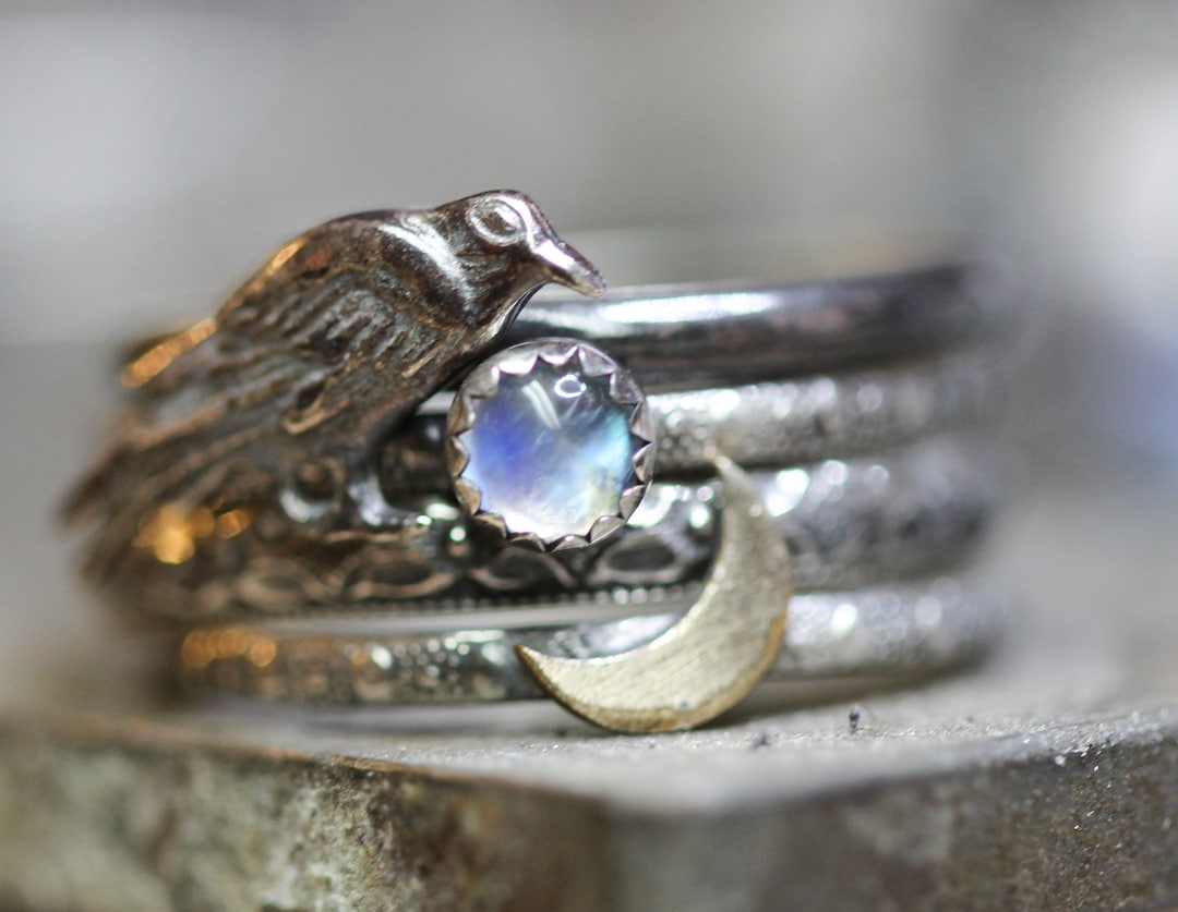 Dual Raven Rings Raven Ring Set* Solid Sterling Silver * Nevermore * Rainbow Moonstone ...