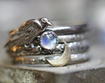 Raven Ring *  Rainbow Moonstone *or* BLACK Moonstone * Solid Sterling Silver * Stacking Ring Set  4 *  Nevermore * Witchy Jewelry * Any Size