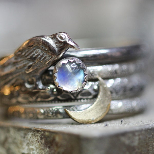 Raven Ring *  Rainbow Moonstone *or* BLACK Moonstone * Solid Sterling Silver * Stacking Ring Set  4 *  Nevermore * Witchy Jewelry * Any Size