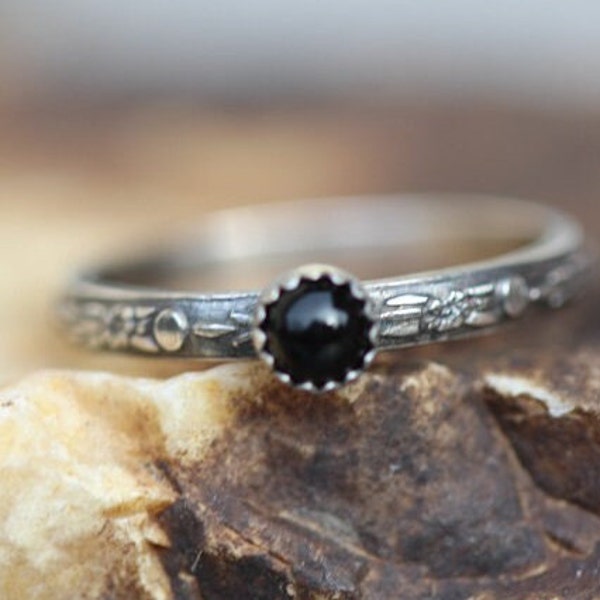Black Onyx Ring, Solid Sterling Silver RIng, Minimalist Ring * 4mm Black Onyx * Solid Sterling Silver, Stacking Ring Any Size
