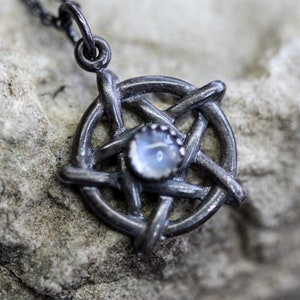 Pentagram Necklace Solid Sterling Silver with Rainbow or Black Moonstone or Black Onyx image 1